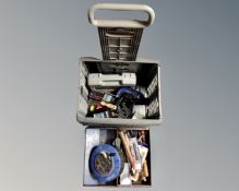 A crate and tool chest containing assorted hand tools, extension table, clamp, electric nailer etc.