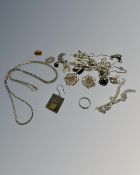 A collection of silver and white metal jewellery, 93g.
