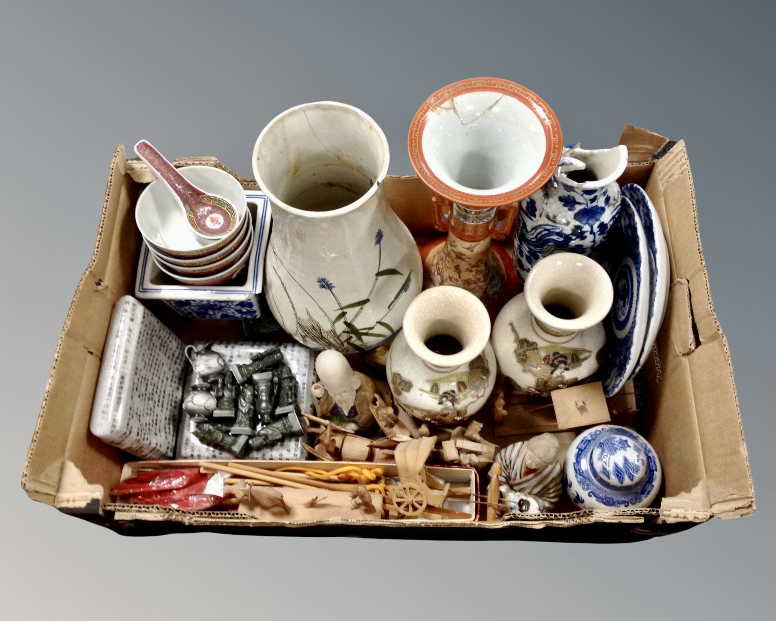 A box containing Oriental ceramics including Japanese Kutani vase, blue and white vase and plates,