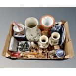 A box containing Oriental ceramics including Japanese Kutani vase, blue and white vase and plates,