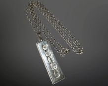 A silver ingot pendant on chain, chain length 52cm,
