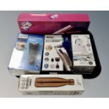 A boxed V05 hair wand together with a Philips wet and dry shaver, Wahl 14 in 1 groomer,
