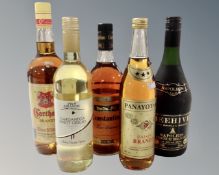 Four bottles of brandy comprising Constantino, Panayotakis, Carthago and Napoleon Beehive,