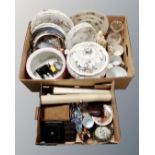 Two boxes containing a vintage boxed camera, lidded pottery tureen, dinner plates etc.