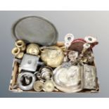 A box containing antique and later metalwares including pewter tea ware,