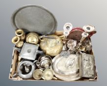 A box containing antique and later metalwares including pewter tea ware,