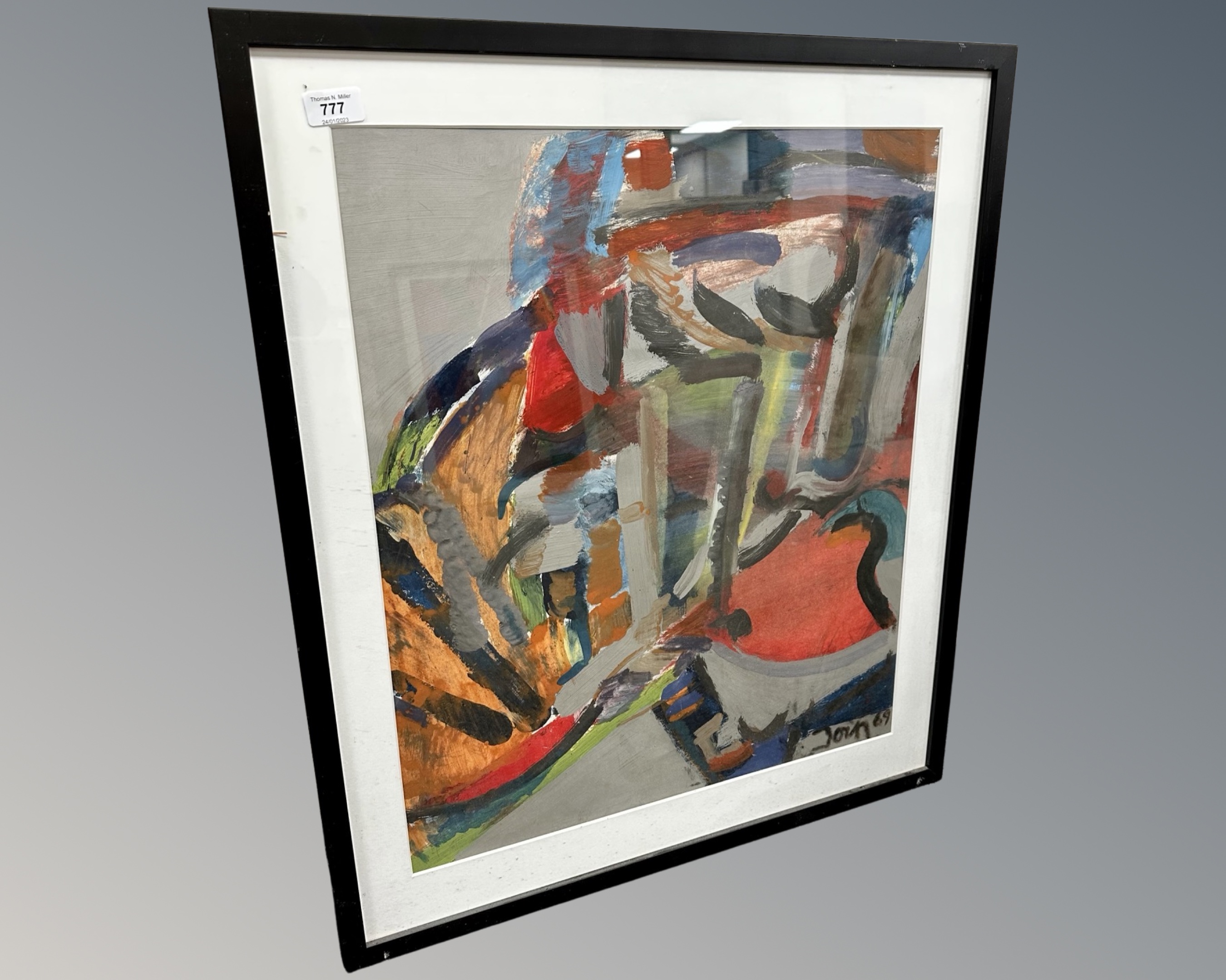 A continental abstract watercolour drawing on print, indistinctly signed, 52cm by 63cm.