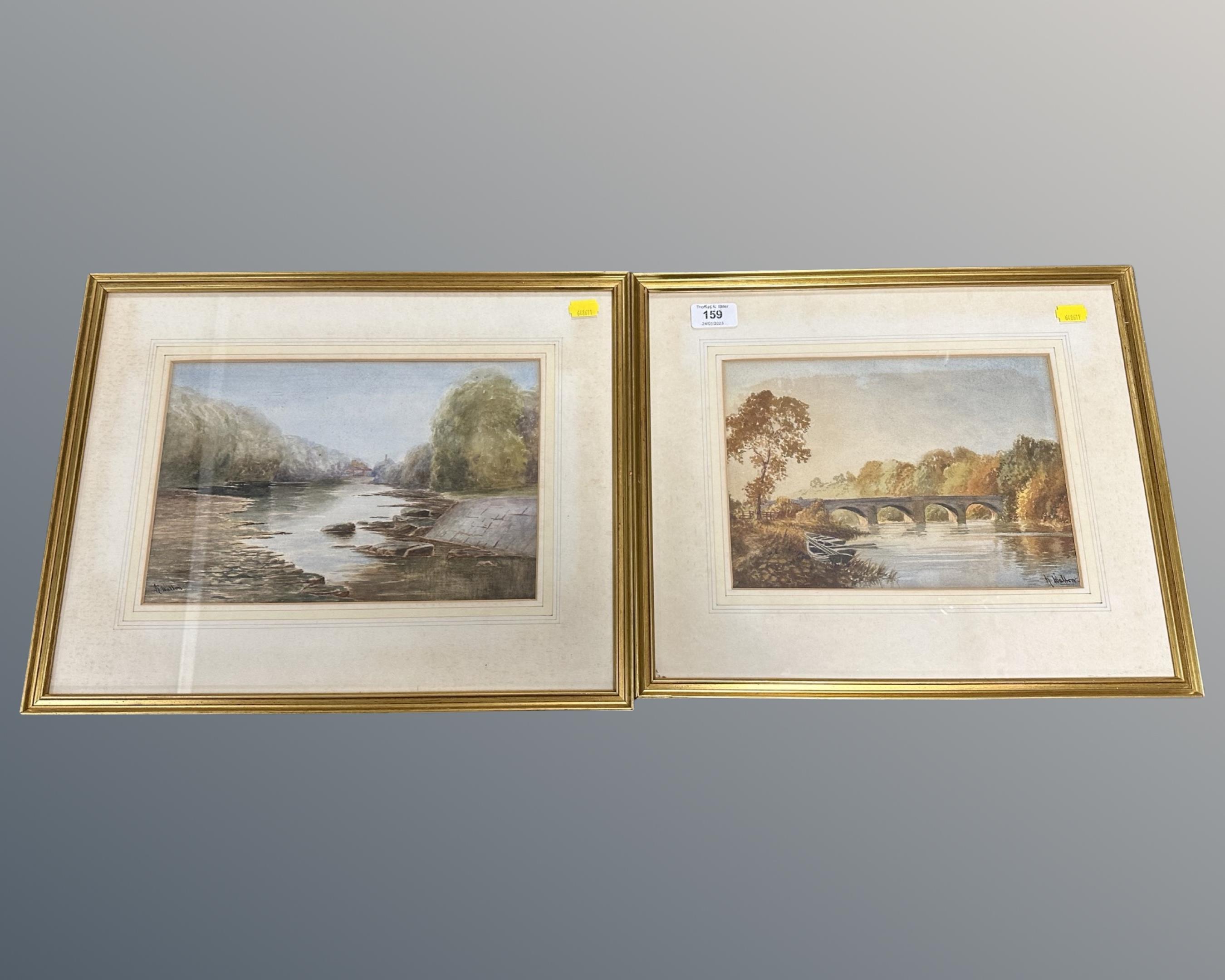 K Walton (late 19th/20th century) : Two river studies, watercolours, signed, 26cm by 19cm each.