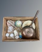 A box containing assorted 20th century tea china, collector's plates, copper bed pan,