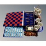 A tray containing Oriental export wares including resin chess set in fitted case, tea bowls,