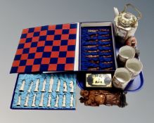 A tray containing Oriental export wares including resin chess set in fitted case, tea bowls,