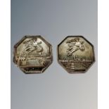 Two French 19th century Chambre de Commerce de Rouen silver tokens