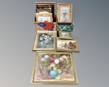 Two boxes containing pictures and prints including still life oil on canvas, pine framed prints,