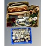 A box containing brass and wooden serving trays, coloured glasses, Maling lustre dish,