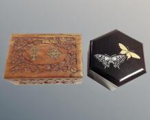 An Eastern carved trinket box and further hexagonal box containing costume jewellery.
