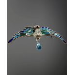 A silver plique à jour hummingbird brooch by Shipton & Co, width 67mm.