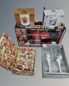 A box containing a collector's doll, steam engine toy, Ringtons mugs, boxed champagne glasses etc.