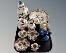 A tray containing Masons Java pattern porcelain, a further Masons brocade lidded jar,