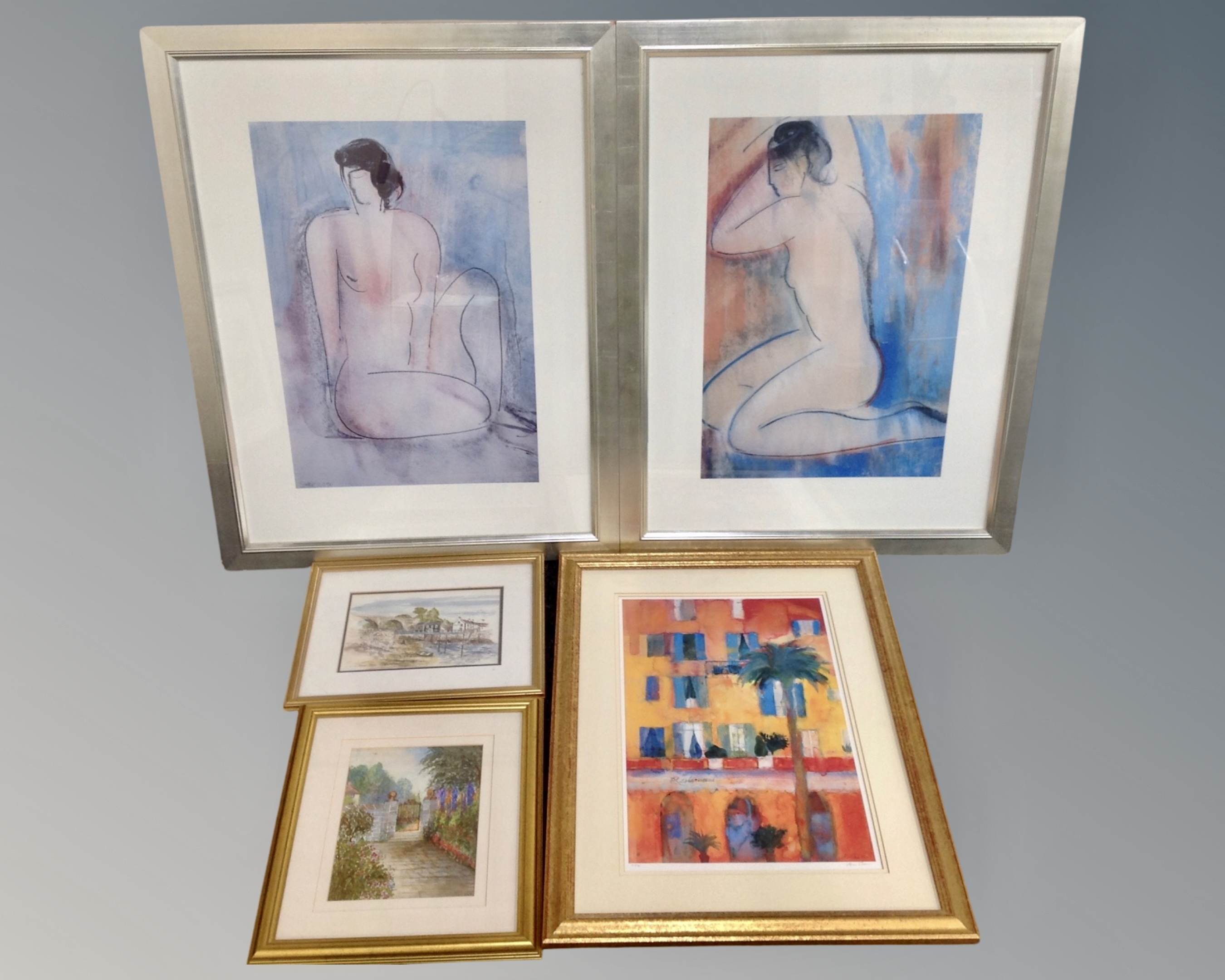 Five assorted colour prints including a pair of nude studies etc.