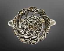 A 9ct gold and silver marcasite ring, size M.