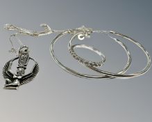 A sterling silver pendant on chain together with sterling silver dress ring and a pair of hoop