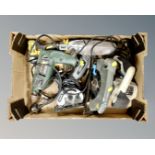 A box of power tools including Bosch drill, Mac Allister circular saw, DeWalt drill etc.