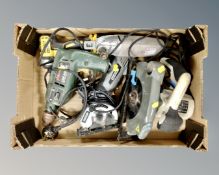 A box of power tools including Bosch drill, Mac Allister circular saw, DeWalt drill etc.