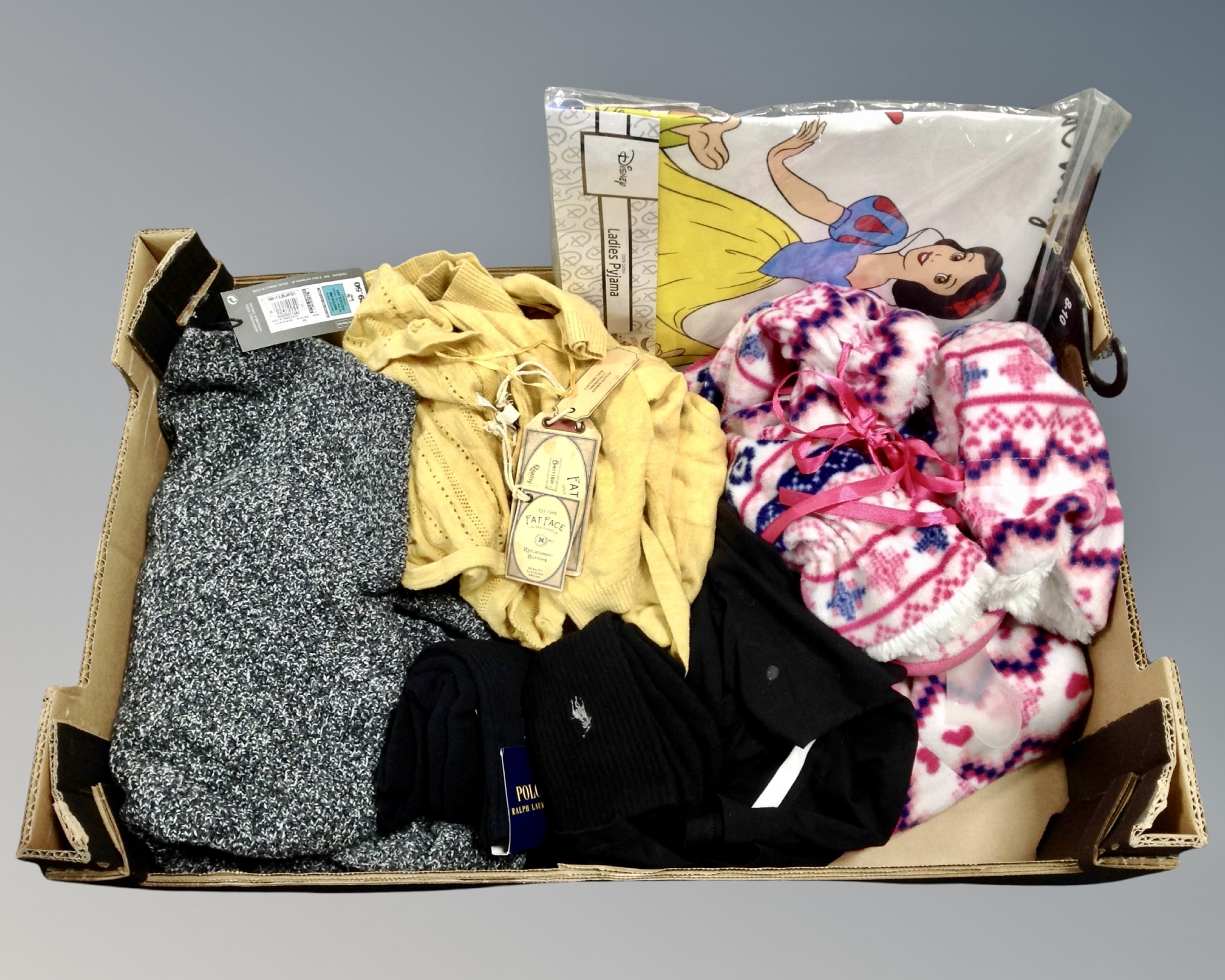 A box of clothing including woolen fleece, Fat Face cardigans, M & S clothing, Ralph Lauren socks,
