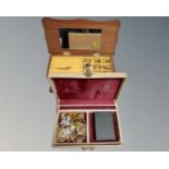 Two contemporary jewellery boxes containing costume jewellery, lady's gilt wristwatch etc.