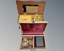 Two contemporary jewellery boxes containing costume jewellery, lady's gilt wristwatch etc.