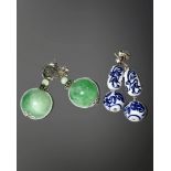 A pair of Chinese silver and porcelain droplet earrings, together with a pair of jade earrings.