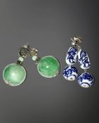 A pair of Chinese silver and porcelain droplet earrings, together with a pair of jade earrings.