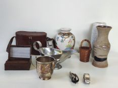 A tray containing three vases including Japanese Satsuma example, silver plated milk jug,