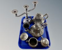 A tray containing a Walker & Hall silver plated three-way table candelabrum together with six
