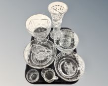 A tray containing assorted glassware including cut glass, lead crystal bowls, vases and jugs.