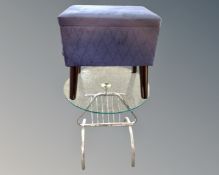 A retro style storage stool on raised legs together with a tubular metal and glass magazine