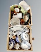 Two boxes containing assorted glass and ceramics including 19th century and later meat plates,