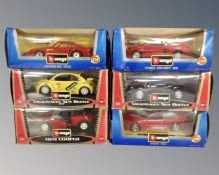 Six Burago 1-24 scale die cast vehicles : Porsche, Ford Escort, VW etc,