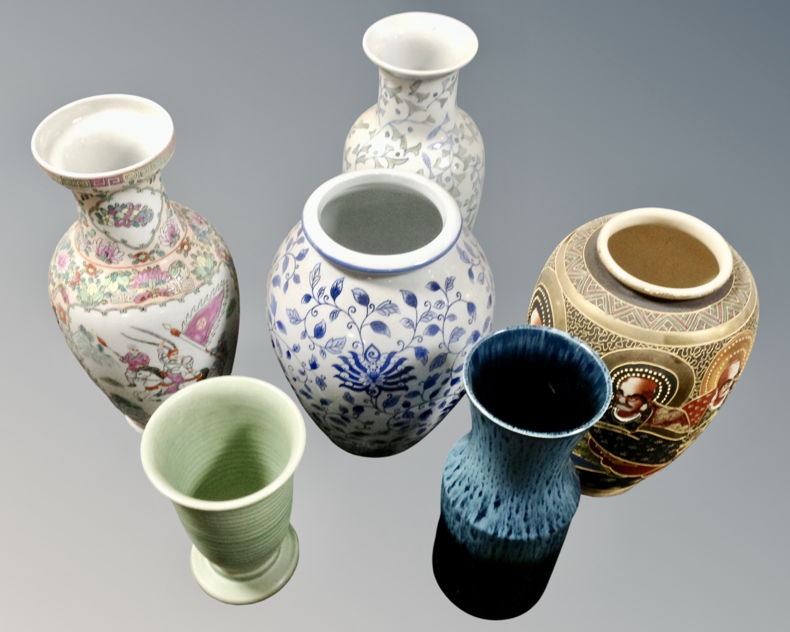 Six assorted vases including Japanese Satsuma example.