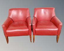 * Withdrawn * A pair of red leather armchairs with black trim.