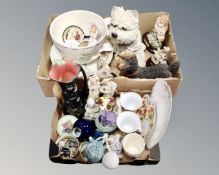 Two boxes containing assorted ceramics including figurines, teacups and saucers,