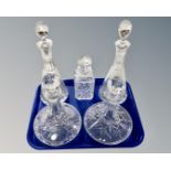 Five cut glass lead crystal decanters with stoppers