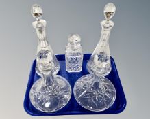 Five cut glass lead crystal decanters with stoppers