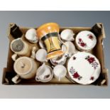 A box of part Colclough rose patterned bone china tea services, Myott hand painted art deco jug,