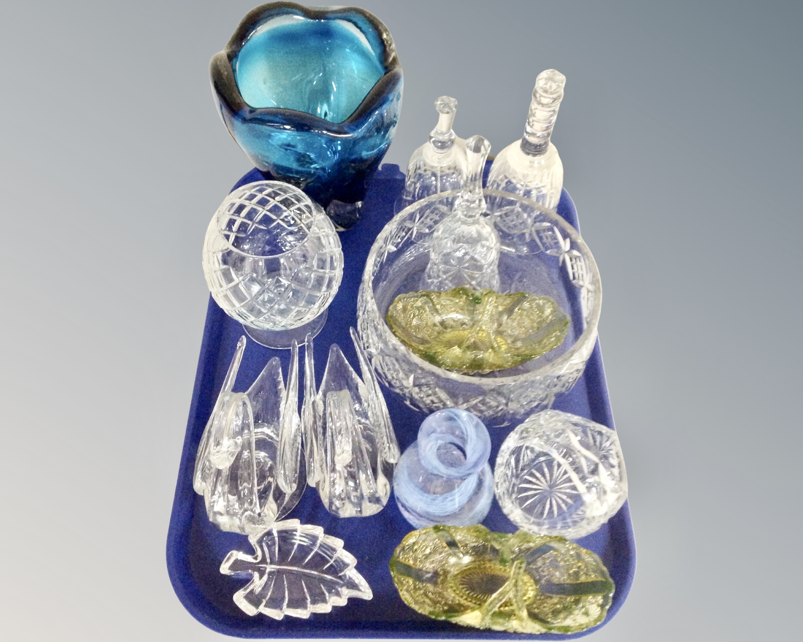 Quantity of assorted glass ware, basket, hand bells, vases,