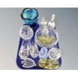 Quantity of assorted glass ware, basket, hand bells, vases,