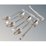 Six George III silver teaspoons and matching sugar tongs, Newcastle 1790, Hugh Brekenridge, 124.2g.