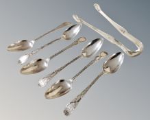 Six George III silver teaspoons and matching sugar tongs, Newcastle 1790, Hugh Brekenridge, 124.2g.