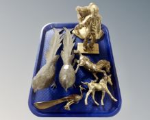 A box containing a pair of pheasant table ornaments together with further brass ornaments including