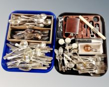 Two trays containing a large quantity of plated flatware, cutlery caddy, hip flask,